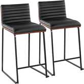 Mason Mara 26" Counter Stool in Black Metal, Walnut Wood & Black Leatherette (Set of 2)